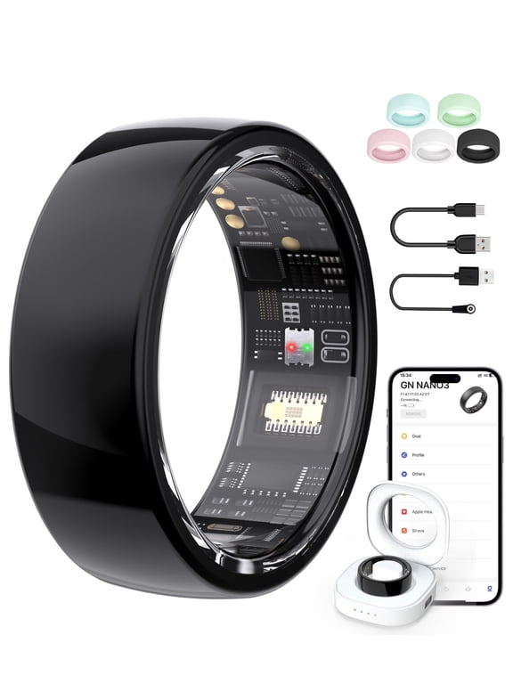 AI Smart Ring for Men and Women, Waterproof Fitness Tracker with Portable Charging Case, Black, Size 10