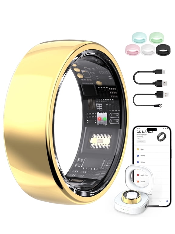 AI Smart Ring for Men and Women, Waterproof Fitness Tracker with Portable Charging Case, Gold, Size 10
