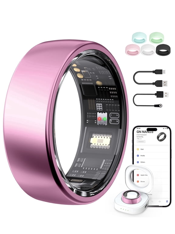 AI Smart Ring for Men and Women, Waterproof Fitness Tracker with Portable Charging Case, Lavender Pink, Size 10