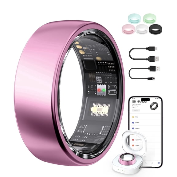 WEPMOUS AI Smart Ring for Men and Women, Waterproof Fitness Tracker with Portable Charging Case, Lavender Pink, Size 7