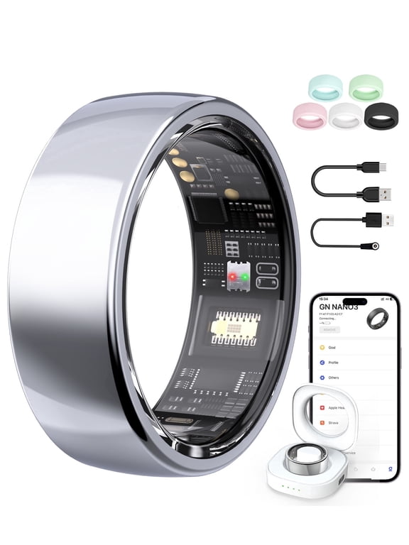 AI Smart Ring for Men and Women, Waterproof Wearable Ring with Portable Charging Case, 10 Plus Sports Modes, Everyday Fitness Lifestyle Tracker, Silvery,Size 8