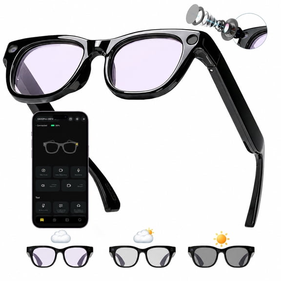 WEPMOUS AI Smart Glasses, Open-Ear Bluetooth Audio, Photochromic Polarized Lenses with 20MP EIS Camera, Unisex Black