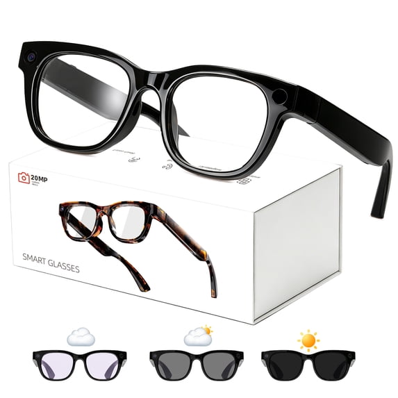WEPMOUS AI Smart Glasses with 20MP EIS Camera, Polarized Photochromic UV400 Lenses, Open-Ear Audio, Voice Assistant & App Connectivity, Unisex Black