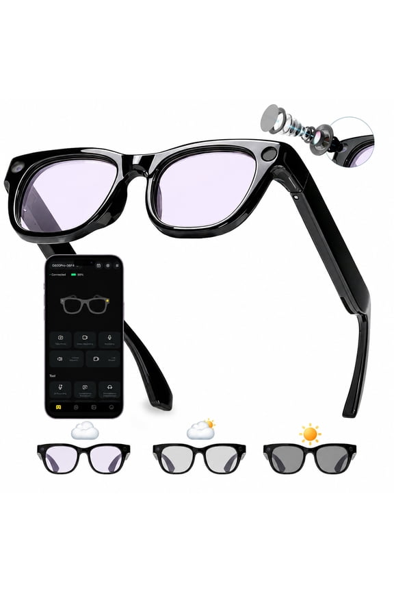 AI Smart Glasses with 20MP EIS Camera, Polarized Photochromic UV400 Lenses, Open-Ear Audio, Voice Assistant & App Connectivity, Unisex Black