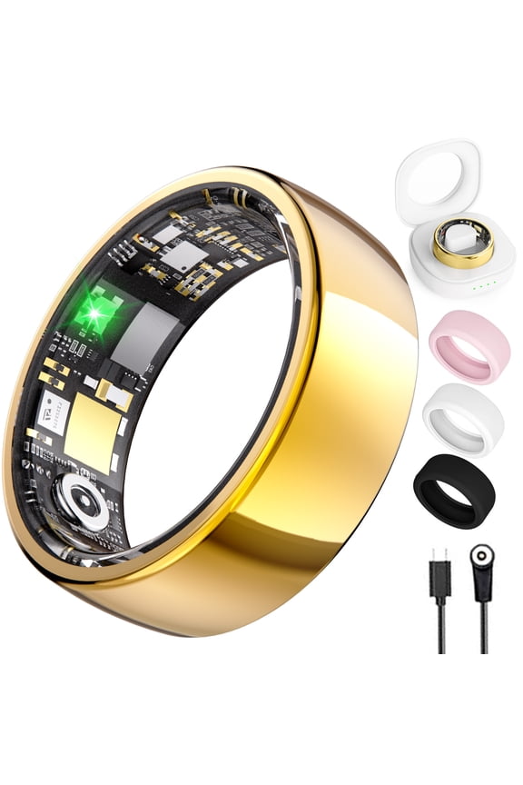 Smart Ring for Men & Women, IP68 Waterproof Activity Tracker Ring with Charging Case, App Connected Fitness Ring, 10+ Sports Modes, 5-7 Day Battery Life, Gold, Size 10