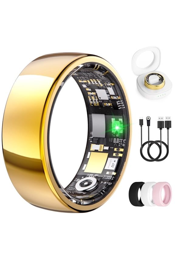 Smart Ring for Men & Women, Gold Smart Ring with App Connection, IP68 Waterproof Wearable Ring, 10+ Sports Modes, Charging Case, 5-7 Day Battery Life, Size 6