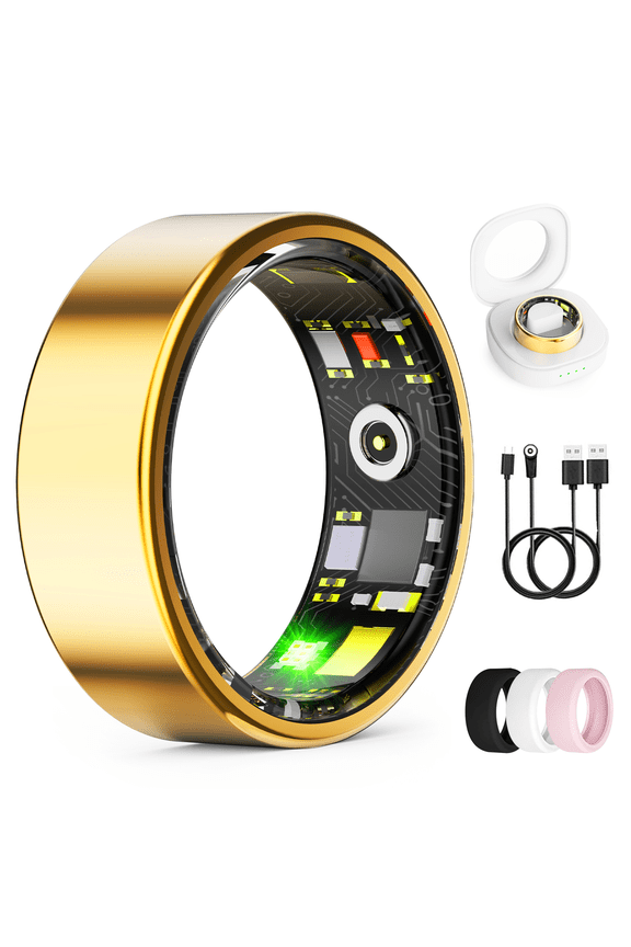 Smart Ring for Men & Women, Gold Smart Ring with App Connection, IP68 Waterproof Wearable Ring, 10+ Sports Modes, Charging Case, 5-7 Day Battery Life, Size 6