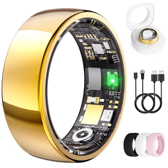 WEPMOUS Smart Ring for Men & Women, Gold Smart Ring with App Connection, IP68 Waterproof Wearable Ring, 10+ Sports Modes, Charging Case, 5-7 Day Battery Life, Size 7