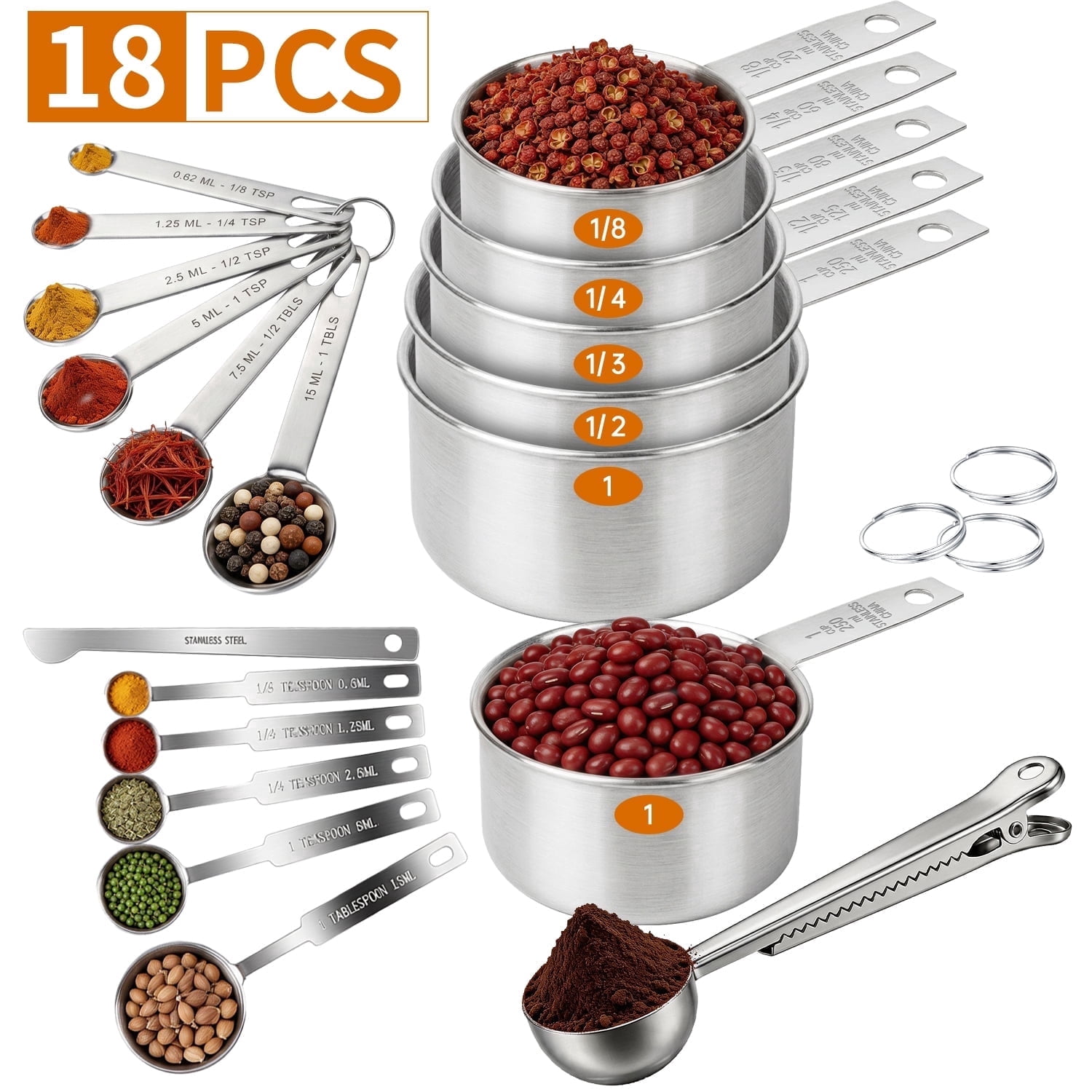 WEPSEN 18-Piece Stainless Steel Measuring Cups and Spoons Set,5 Stainless Steel Nesting Measuring Cups &amp; 6 Spoons,1 Leveler &amp; 5Mini Measuring Spoons,1Tbsp Coffee Scoop with Clip for Cooking &amp; Baking deal from Walmart