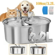 WEPSEN 3.2L/108oz Stainless Steel Cat Water Fountain: Large Capacity Automatic Pet Fountain with Filtration System, Silent Pump, Double Water Flow Design-Stainless Steel Water Dispenser for Dogs