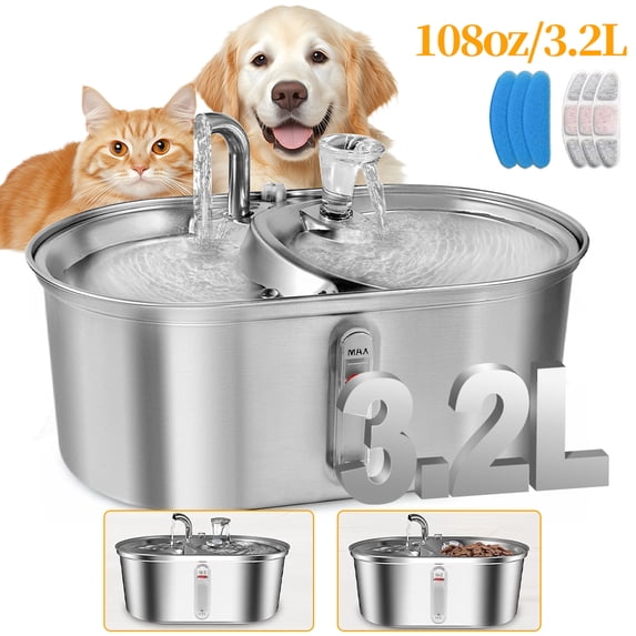 WEPSEN 3.2L/108oz Stainless Steel Cat Water Fountain: Large Capacity Automatic Pet Fountain with Filtration System, Silent Pump, Double Water Flow Design-Stainless Steel Water Dispenser for Dogs