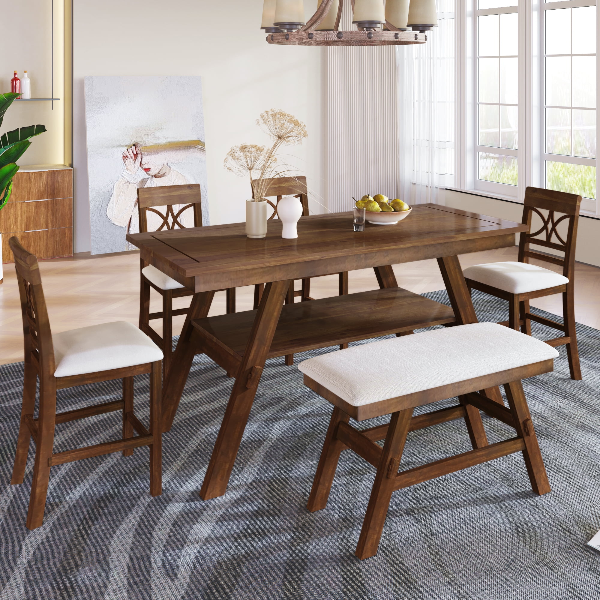 WEPSEN 6 Piece Farmhouse Dining Table Set, Wooden Kitchen Set with ...