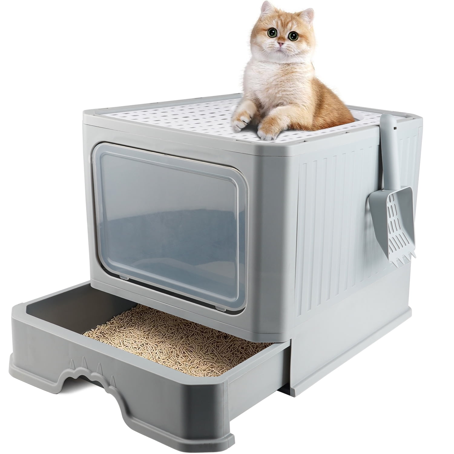 WEPSEN Cat Litter Box with Lid Foldable Enclosed Cat Toilet Large Kitten Potty Front Entry Top Exit Kitty Litter Tray with Scoop Drawer Type, Anti Splashing, Easy Clean, Odor Control