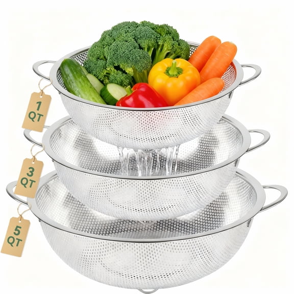 3 Pack Stainless Steel Colander Set (1/3/5QT),Micro-Perforated Colanders Strainers with Handles & Resting Base for Rinsing Pasta Spaghetti Fruits Vegetables,Nesting Design,Rust Free & Dishwasher Safe
