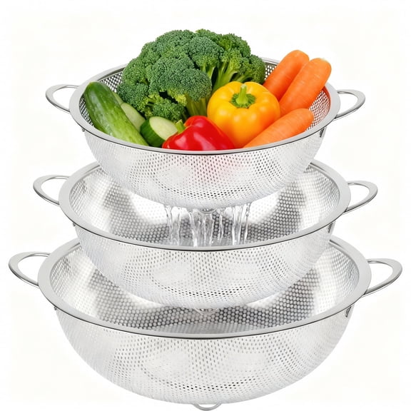 3 Pack Stainless Steel Colander Set (1/3/5QT),Micro-Perforated Colanders Strainers with Handles & Resting Base for Rinsing Pasta Spaghetti Fruits Vegetables,Nesting Design,Rust Free & Dishwasher Safe