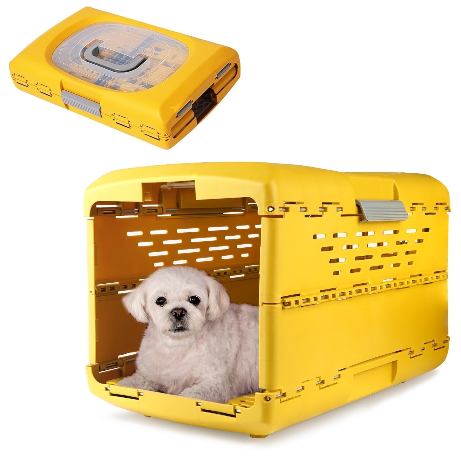 WEPSEN Collapsible Dog Crate, Ultra-Lightweight Portable Kennel with Dual Hinge Door, Folds to 5.12 Inches, Weighs 4.8lbs, Multiple Vents and Windows for Home and On The Go, 18.9x11.6x12.6, Gold