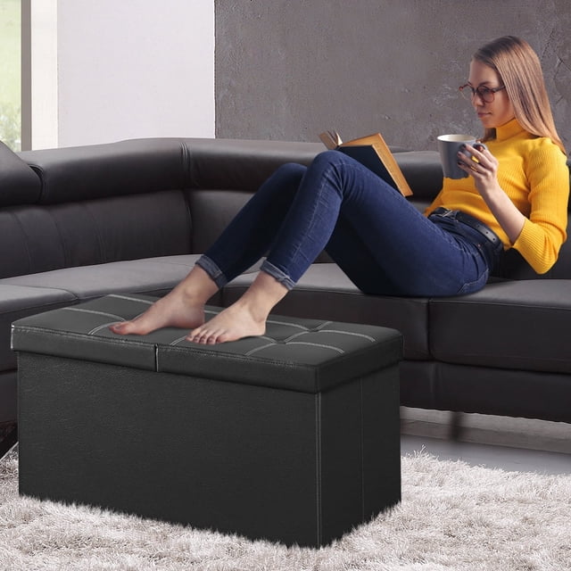 WEPSEN Folding Storage Ottoman Bench,Leather Footstool End of Bed Storage Bench Storage Chest,Foot Rest for Living Room,Bedroom Hallway Bench with Storage,Holds up to 330lb,30x15x15inches,Black