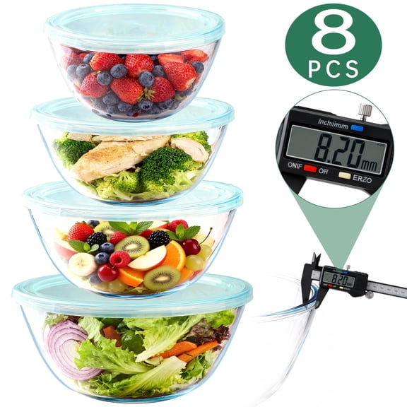 WEPSEN 4 Pack Glass Mixing Bowls Set (3/1.7/0.9/0.6QT),Large Salad Bowls Sets with BPA-Free Lids,Glass Thick Nesting Bowls for Kitchen Baking,Cooking Prep,Storage,Dishwasher Microwave Freezer Safe