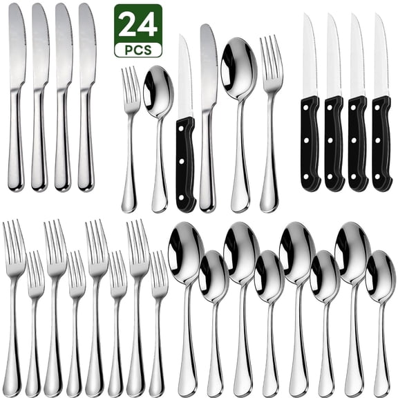 WEPSEN 24 PCS Silverware Set, Flatware Set for 4, Food-Grade Stainless Steel Cutlery Set, Mirror Finished Utensil Sets, Including Steak Knife Fork and Spoon,Dishwasher Safe, Silver