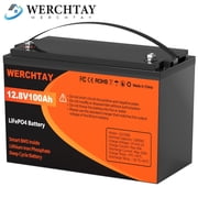 WERCHTAY 12V 100Ah LiFePO4 Battery Lithium 15000+ Cycles BMS for RV Solar Marine Off Grid