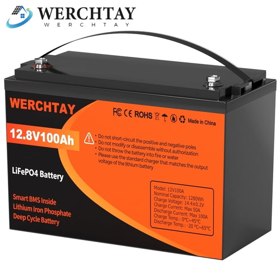 WERCHTAY 12V 100Ah LiFePO4 Battery Lithium 15000+ Cycles BMS for RV Solar Marine Off Grid
