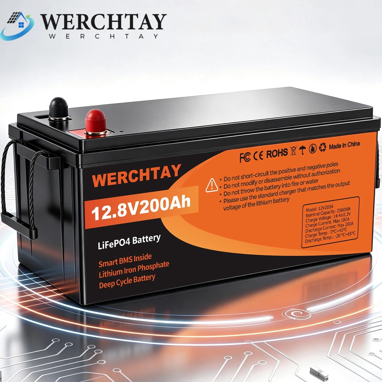 WERCHTAY 12V 200Ah Deep Cycle Lithium Battery LiFePO4 200A BMS for RV, Boats, Trolling Motor, Solar Off-Grid