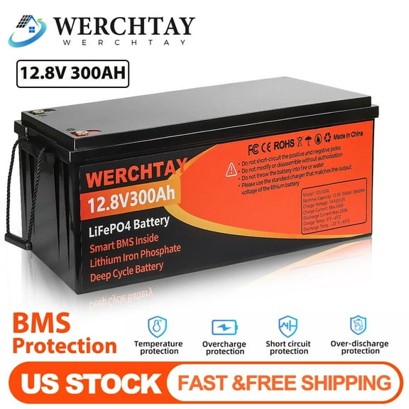 WERCHTAY 12V 300Ah Lithium Battery LiFePO4 Deep Cycle 200A BMS Off-grid for RV Solar Boat
