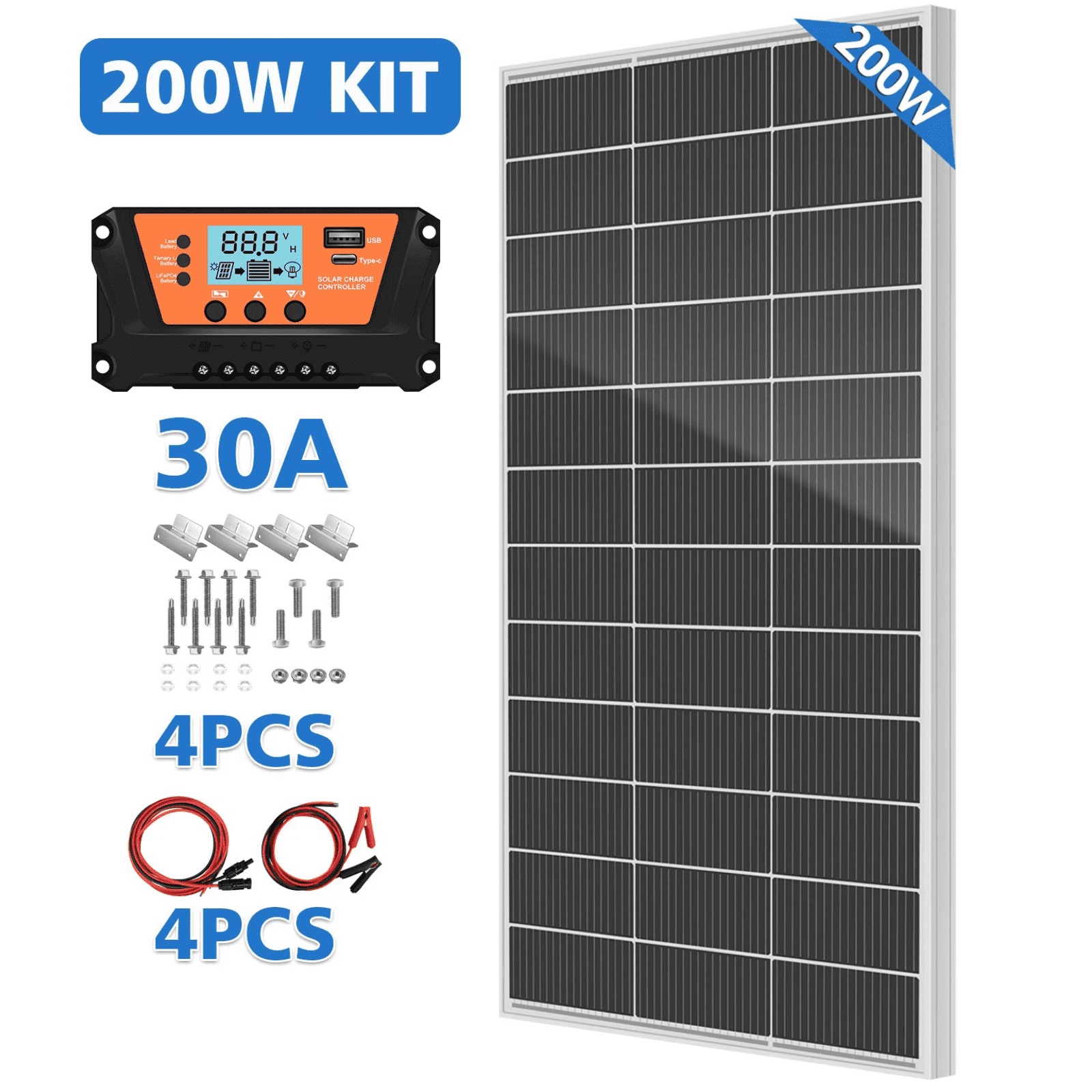 WERCHTAY 200 Watts Solar Panel Kit, 200W Solar Panel with 30A PWM Charge Controller, Include Mounting Brackets+ Male and Female Connectors+Solar Cables