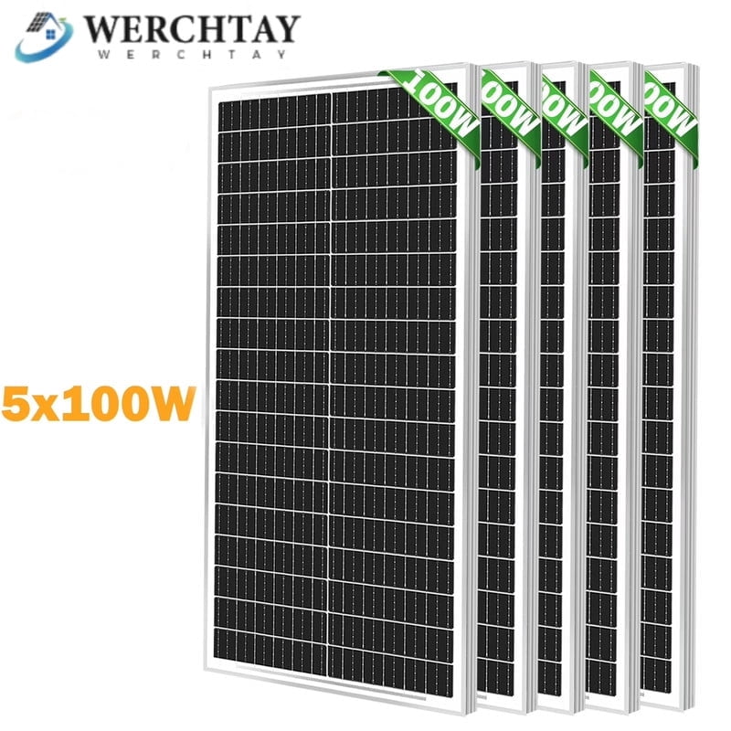 WERCHTAY 500W Mono Solar Panel 12V Car Battery Charger Rooftop Boat RV Home Off Grid(5*100W)