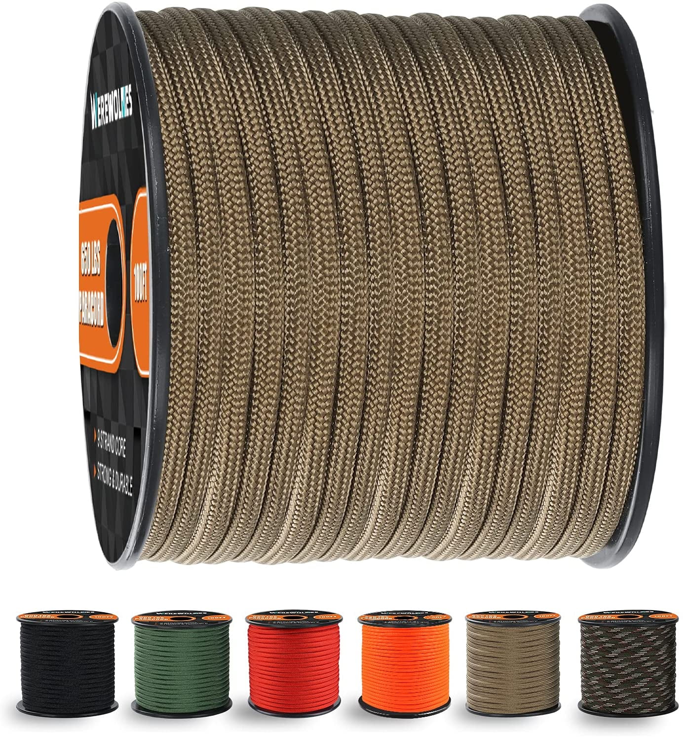 WEREWOLVES 650lb Paracord/Parachute Cord - 9 Strand Paracord Rope - 100feet  Spools of Parachute Cord, Type III Paracord for Camping, Hiking and  Survival 