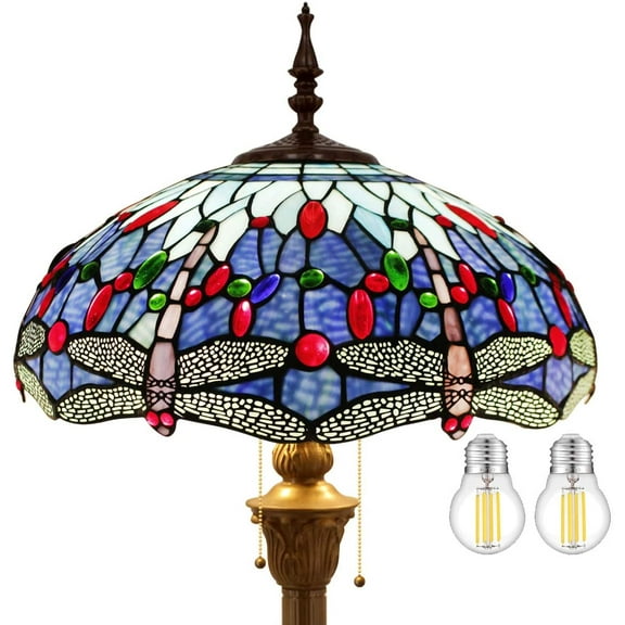 WERFACTORY 64 2-Light Victorian Antique Bronze Floor Lamp with Stained Glass Dragonfly Tiffany