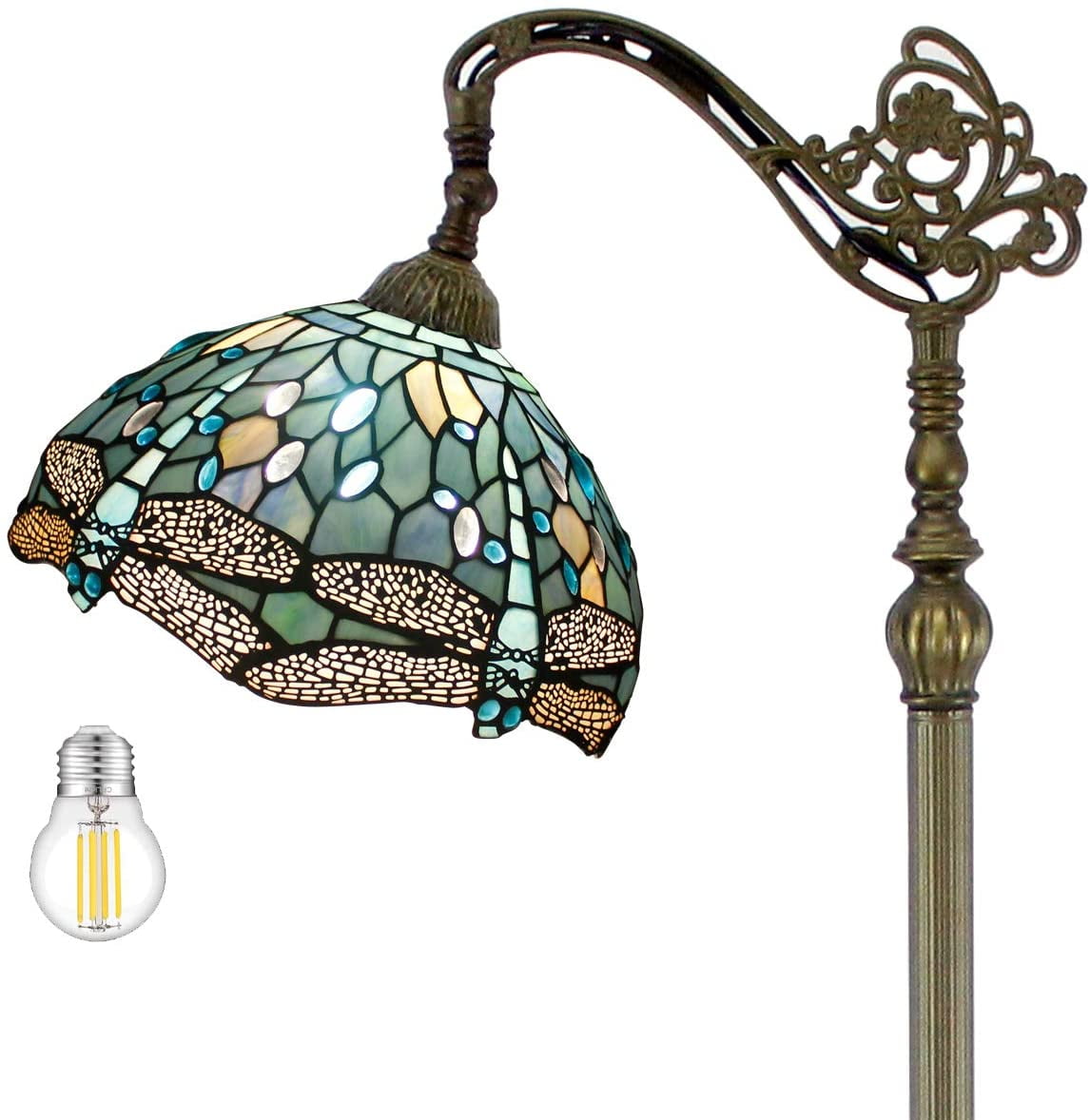 WERFACTORY 64" Victorian Bronze Antique Floor Lamp with Stained Glass Multicolor Dragonfly Bowl