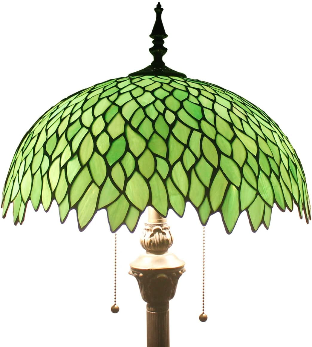 WERFACTORY Tiffany 64” 2-Light Art Nouveau Green Stained Glass Floor Lamp with Wisteria Shade