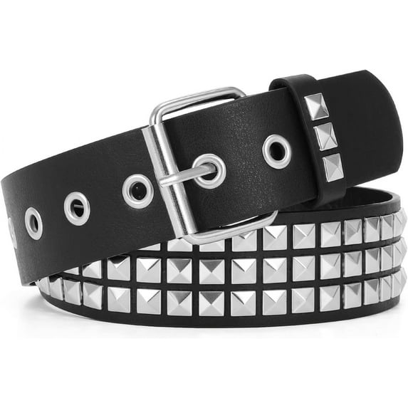 WERFORU Double Grommet Belt PU Leather Punk Belt for Women Men Jeans 2 Hole Belts 1.5 Wide