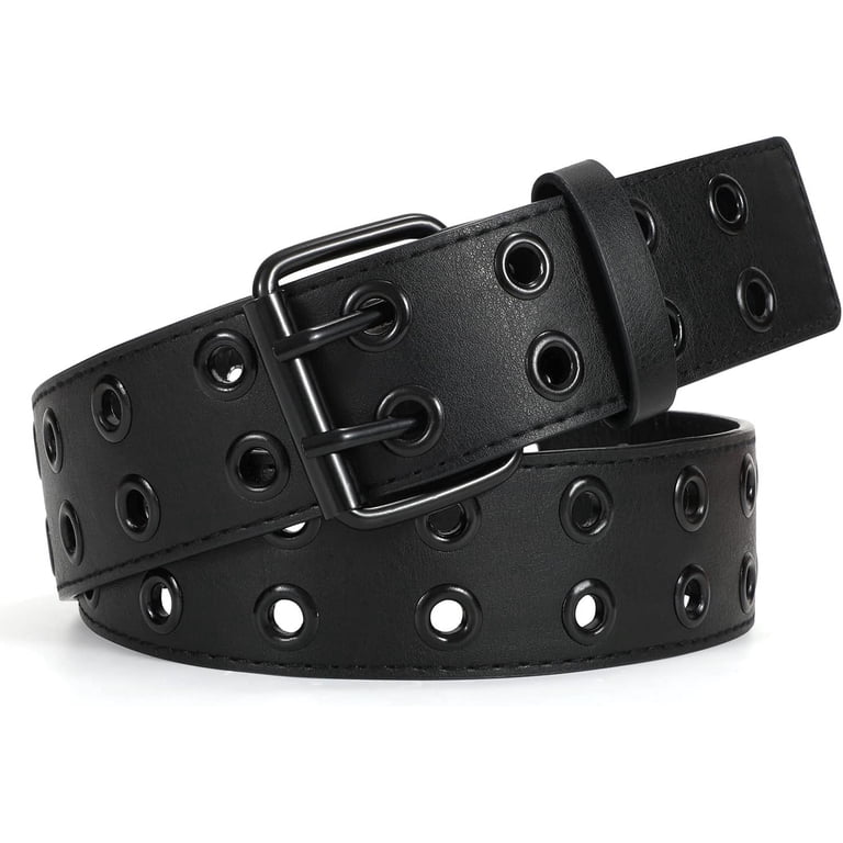 PU Leather Double Grommet Punk Studded Belt for Jeans BKpearl 2 Pack Double Grommet PU Leather Punk Belt, 2 Hole  main image 3