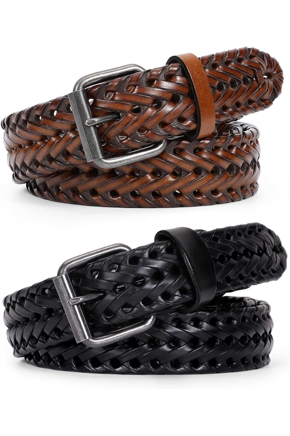 WERFORU Men’s Leather Braided Belt, Cowhide Leather Woven Belt for Jeans 1.3 Inch Wide with Prong Buckle