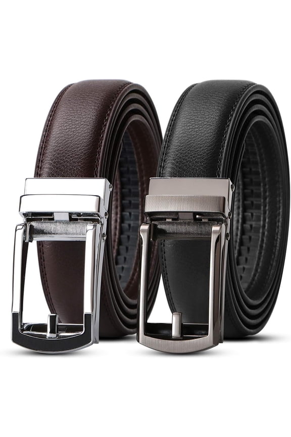 WERFORU Set of 2 Leather Ratchet Dress Belt for Men Perfect Fit Waist Size 22-50 inches with Automatic Buckle