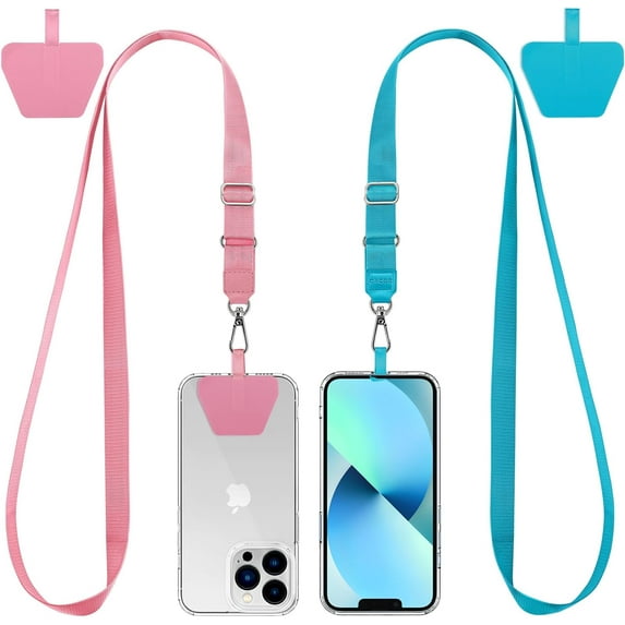 WERLETER Phone Lanyard 2 Pcs Lengthened Adjustable Neck Strap,2 Pcs Patches,Universal Crossbody Multifuctional Cell Phone Lanyards Compatible with Most Smartphones(Pink+Blue)
