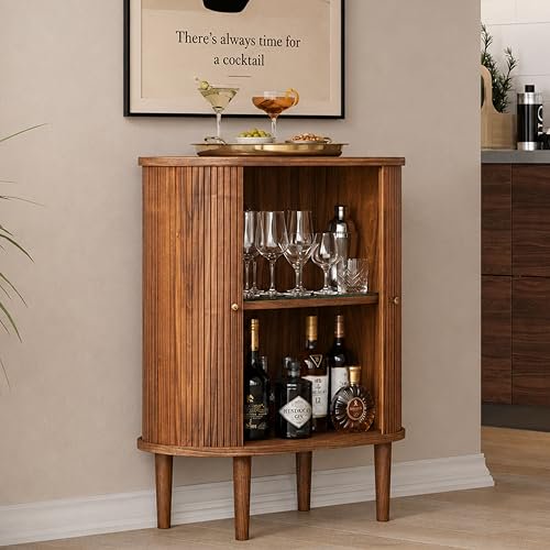 WERMO 28'' Fluted Bar Cabinet with Sliding Doors, Hidden Storage and Adjustable Shelf - Modern Liquor Cabinet and Narrow Wine Bar, Small Coffee Station, 28 Inch Wide Fluted Sideboard Buffet (Walnut)