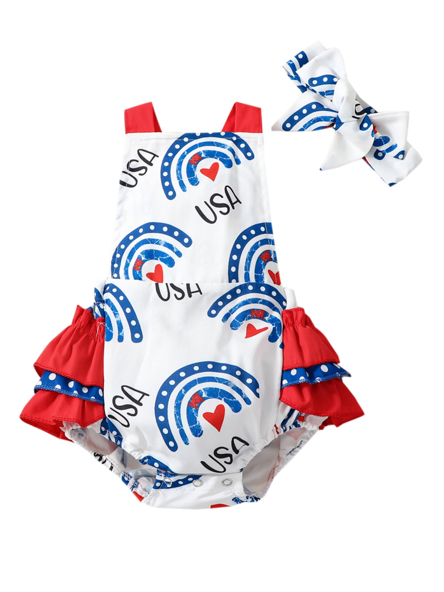 Organic Cotton Baby Girl 4th of July Outfit – American Flag Pink Muslin Smocked Bubble Dress