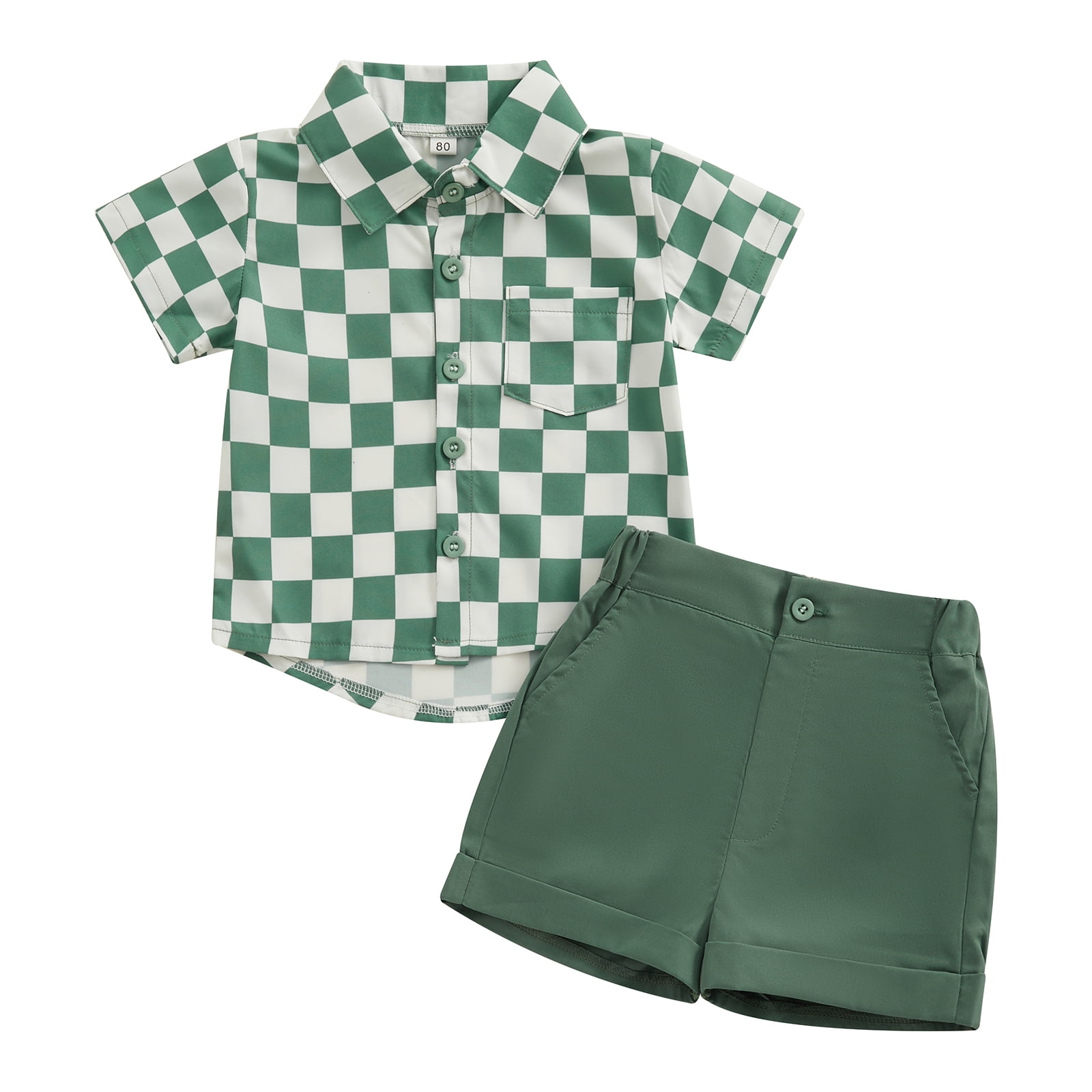 Boys Casual Check Shirt & Denim Shorts Set – Light Green Summer Outfit main image 1