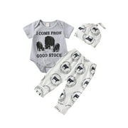 WERNZATT Infant Baby Boy Farm Letter Romper and Long Pants Newborn Coming Home Outfit Cute Clothes Sets with Hat