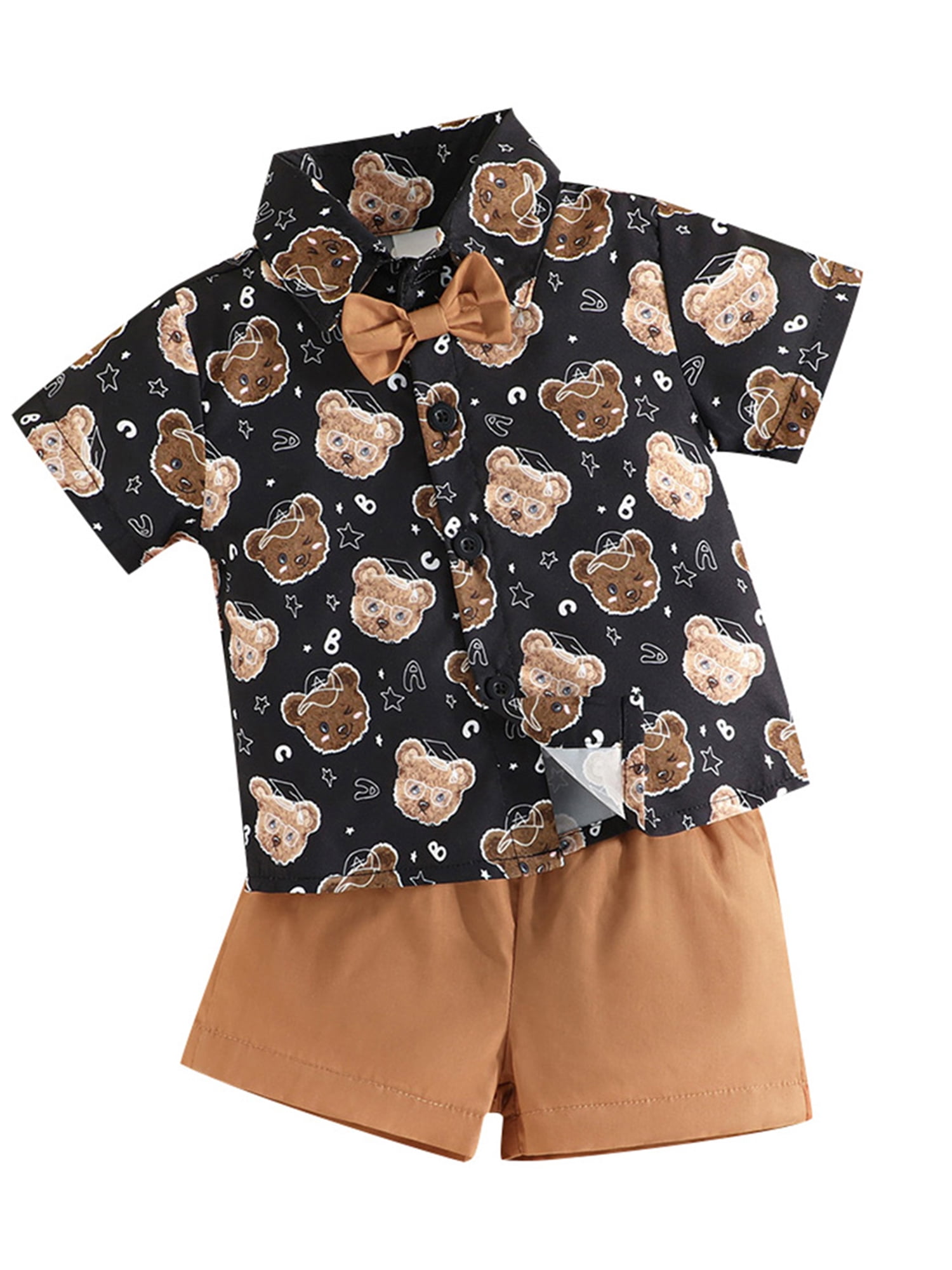 WERNZATT Toddler Boy Gentleman Outfit Bear Print Short Sleeves Shirt with Bow Tie and Shorts Set