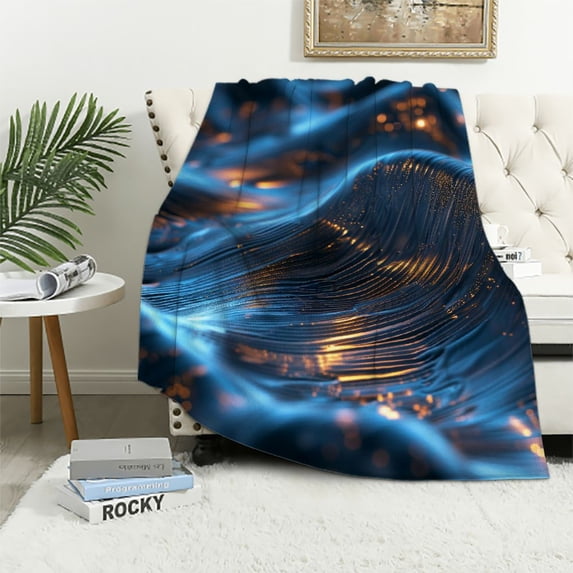 WERPE Blanket Gifts Flannel Bed Blanket Gold and Blue Abstract Art White