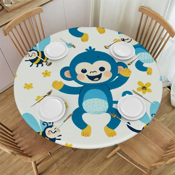 WERPE Blue Cartoon Print Preppy Round Tablecloth, Full Width Single-Sided Printing, 100% Polyester Fiber, Waterproof and Wrinkle Resistant, Easy to Clean, Suitable for Various Sizes of Round Tables