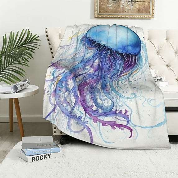 WERPE Blue Jellyfish Flannel Throw Blanket for Bed Couch Sofa Super Soft Warm Plush Blanket Bedspread Gift Idea White