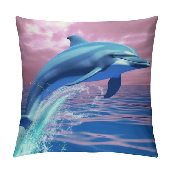 WERPE Blue Ocean Dolphin Print Throw Pillow Cover Square Soft Cushion Cover Throw Pillow Case for Home Decor Living Room Bed Couch Car White