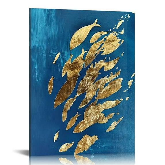 WERPE Blue and Gold Abstract Pinting Canvas Wall Art, Colorful Textured in The Blue Ocean Picture Prints Wall Decor, Wrapped Canvas Art Deco