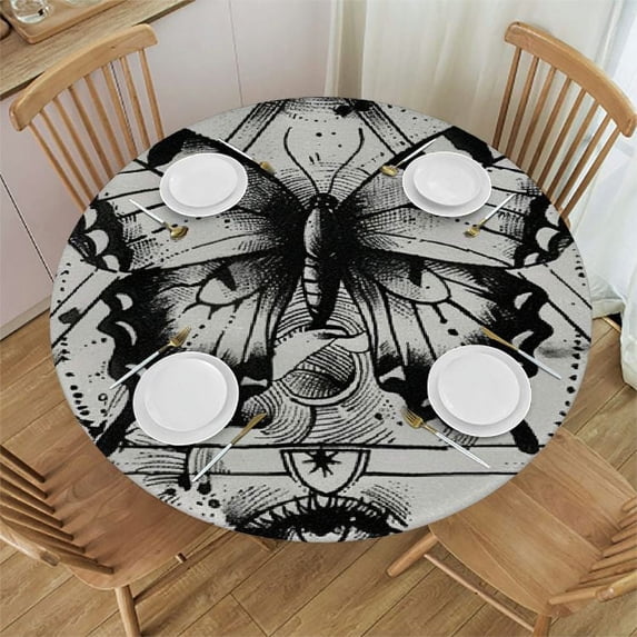 WERPE Boho Butterfly Round Tablecloth, Beige White Bohemian Moth Floral, Full Width Single-Sided Printing, 100% Polyester Fiber, Elastic Band Closure, Multiple Sizes White