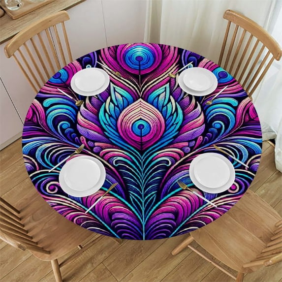 WERPE Boho Lotus Indian Hamsa Blue Ombre Neon Sherpa Outdoor Fitted Round Tablecloth, 36in-70in White